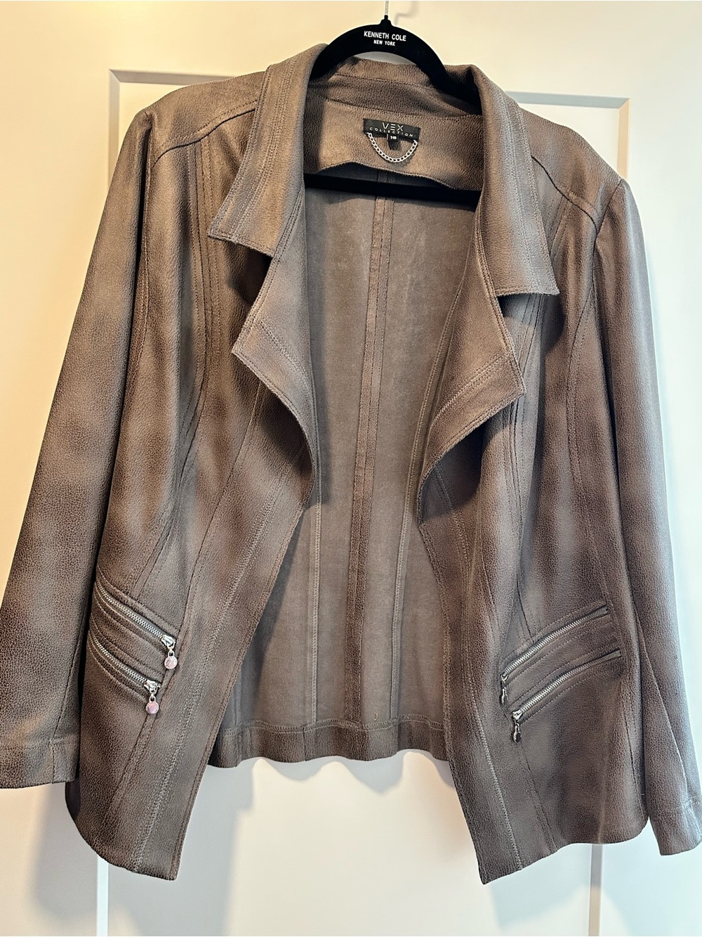 Faux- Leather Open-Front Jacket in Taupe